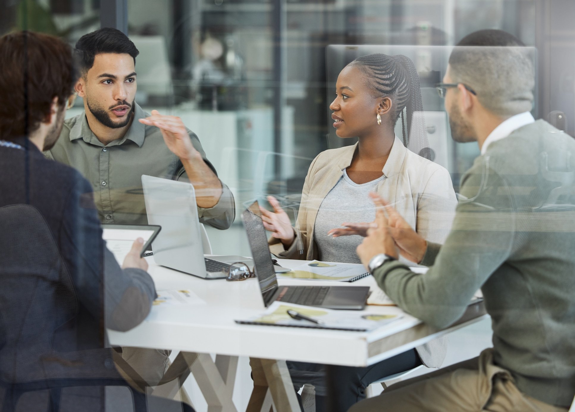 Coworkers having a discussion in a meeting