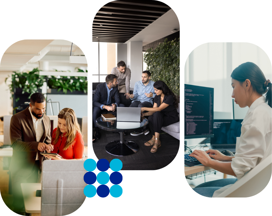 Three panels with people working in offices