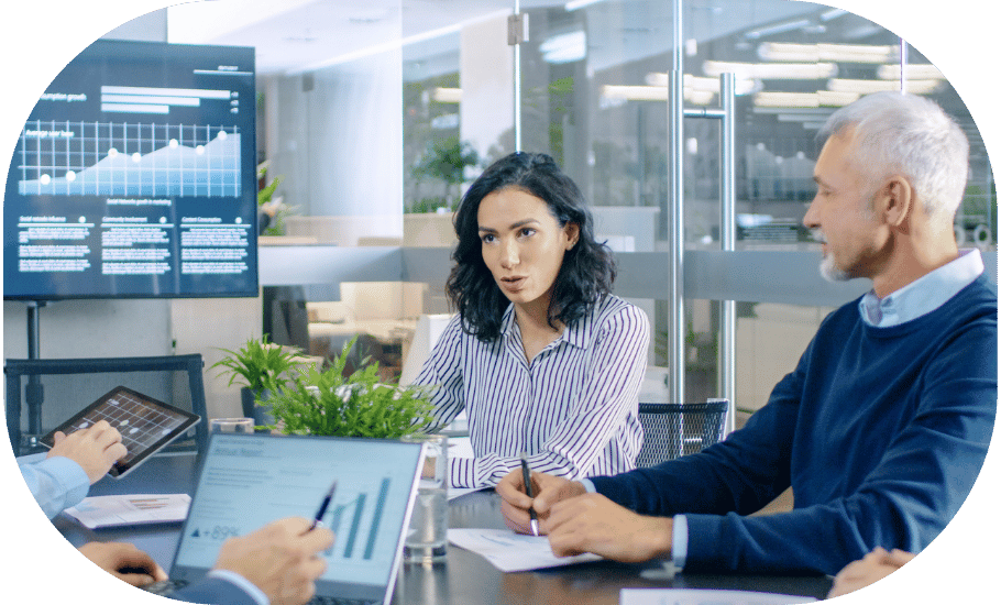 A woman speaking in an analytics meeting